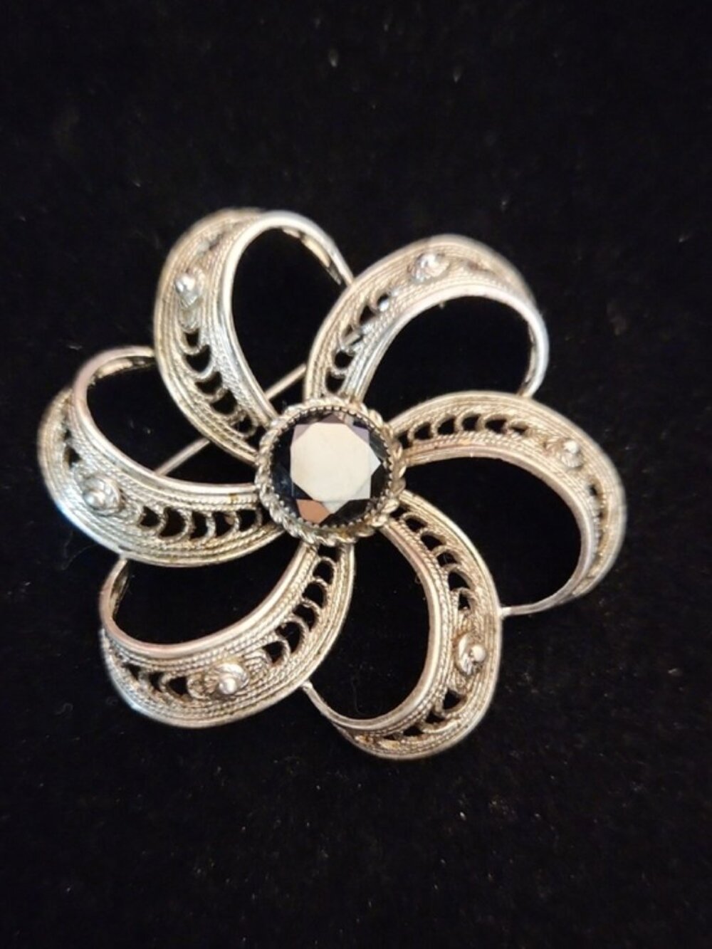 Sterling Silver Floral Filigree Brooch with Black Center Stone